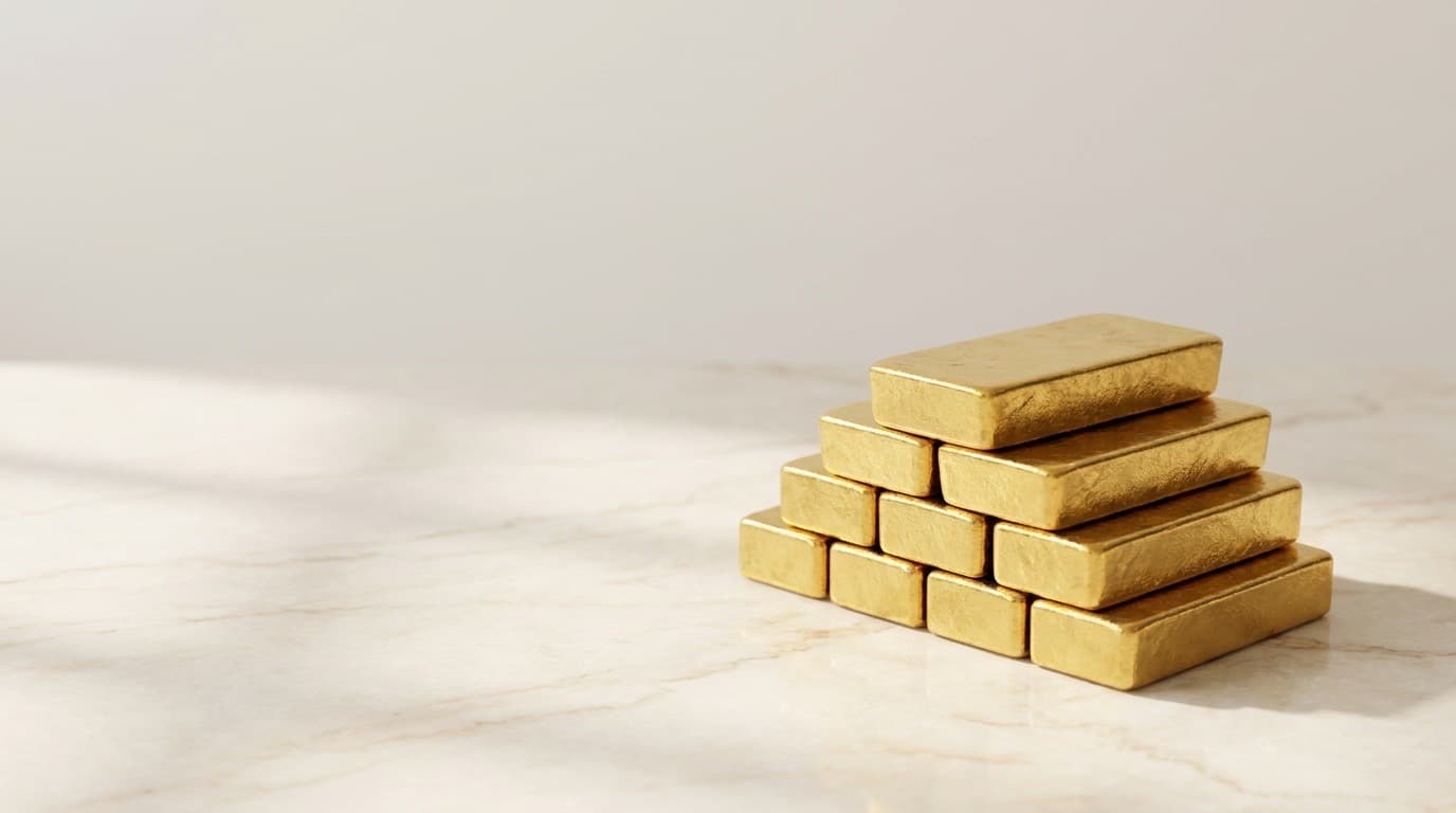 Fine cast gold bullion bars stacked on a pale marble surface