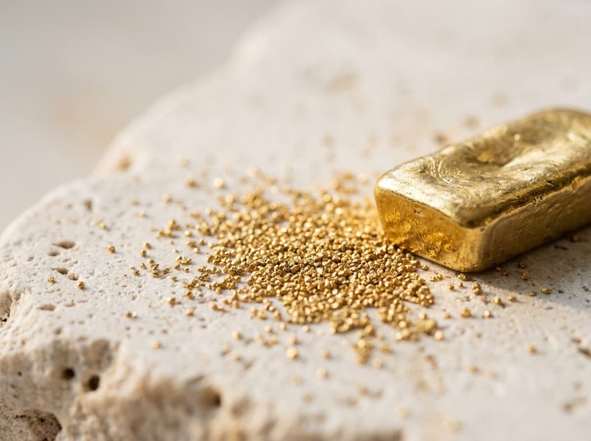 Fine gold grain beside a cast gold bar on pale stone