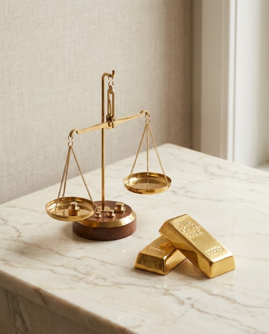 A precision balance scale beside fine gold bars on marble